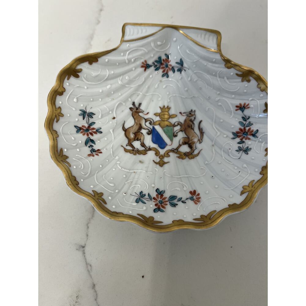 Limoges Porcelain Shell Floral Gold Rim Trinket Dish Stags Crest VTG